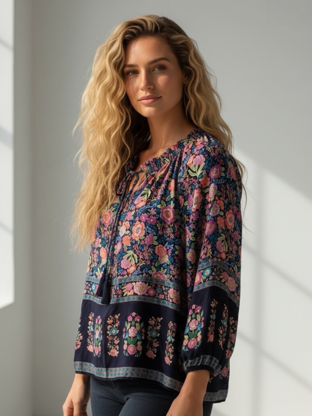 Easel Floral Boho Long Sleeve Cottagecore Blouse Size M